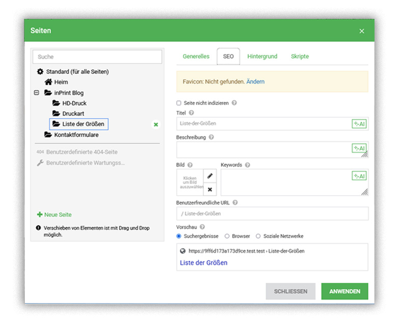 Screenshot goneo easypage: Seiteneigenschaften ändern