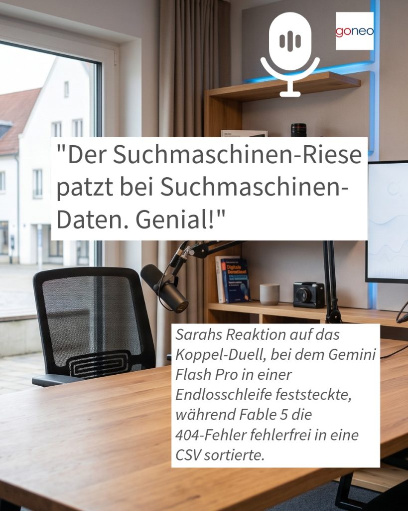 "Der Suchmaschinen-Riese patzt bei Suchmaschinen-Daten. Genial!" Hintergrund: Sarahs Reaktion auf das Koppel-Duell, bei dem Gemini Flash Pro in einer Endlosschleife feststeckte, während Fable 5 die 404-Fehler fehlerfrei in eine CSV sortierte.