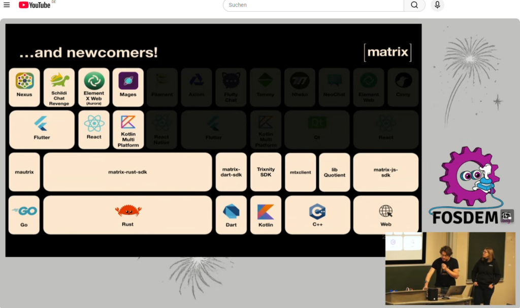 Ein Screenshot der FOSDEM 2026 Präsentation von Matrix. Gezeigt wird ein Schichtenmodell der neuen Client-Architektur („...and newcomers!“). Ganz unten bilden Programmiersprachen wie Go, Rust (mit dem Krabben-Logo), Dart, Kotlin, C++ und Web die Basis. Darüber liegen die SDKs, wobei das matrix-rust-sdk den größten Platz einnimmt. Die mittlere Ebene zeigt Frameworks wie Flutter, React und Kotlin Multiplatform. Ganz oben stehen die neuen Apps: Nexus, SchildiChat Revenge, Element X Web (Aurora) und Mages. Rechts unten im Bild sind die Referenten Matthew Hodgson und Amandine Le Pape auf der Bühne zu sehen, daneben das FOSDEM-Logo.
