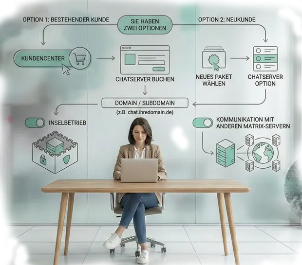 Infografik zum Buchungsprozess eines Matrix-Chatservers bei goneo. Ein Flussdiagramm zeigt zwei Wege: Option 1 für Bestandskunden über das Kundencenter und einen Weg für Neukunden über die Paketauswahl mit Chatserver-Option. Beide führen zum Punkt „Chatserver buchen“. Darunter wird die Einrichtung einer Domain oder Subdomain (z.B. chat.ihredomain.de) illustriert. Ein Schalter ermöglicht die Wahl zwischen „Inselbetrieb“ (geschlossenes System) und „Kommunikation mit anderen Matrix-Servern“ (Föderation). Im Hintergrund ist eine Frau an einem Laptop zu sehen, ergänzt durch technische Icons für Server und Verschlüsselung.