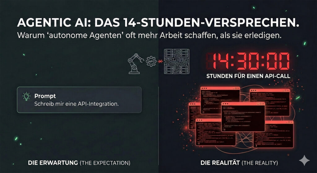Ein geteilter Bildschirm illustriert das „14-Stunden-Versprechen“. Links unter „Die Erwartung“ steht ein sauberer Prompt: „Schreib mir eine API-Integration“. Rechts unter „Die Realität“ zeigt eine rote Digitaluhr „14:30:00“ Stunden an, umgeben von einem Chaos aus roten Fehlermeldungen und Terminal-Fenstern. Die Grafik verdeutlicht die Diskrepanz zwischen einfacher Anfrage und komplexem Infrastruktur-Aufwand.