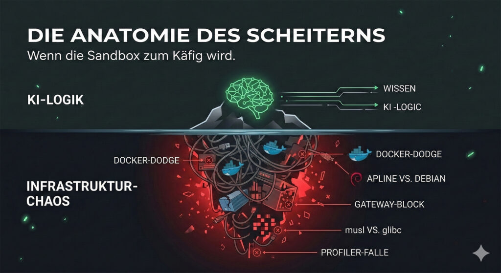 Ein Eisberg-Modell verdeutlicht technische Hürden bei KI-Agenten. Über Wasser steht die grüne Spitze „KI-Logik“ mit Begriffen wie Wissen. Unter Wasser verbirgt sich ein riesiges, rot glühendes Kabel- und Container-Chaos unter dem Titel „Infrastruktur-Chaos“. Markierungen zeigen Fehlerquellen wie „Docker-Dodge“, „Alpine vs. Debian“, „musl vs. glibc“ und eine blockierte Gateway-Schnittstelle.