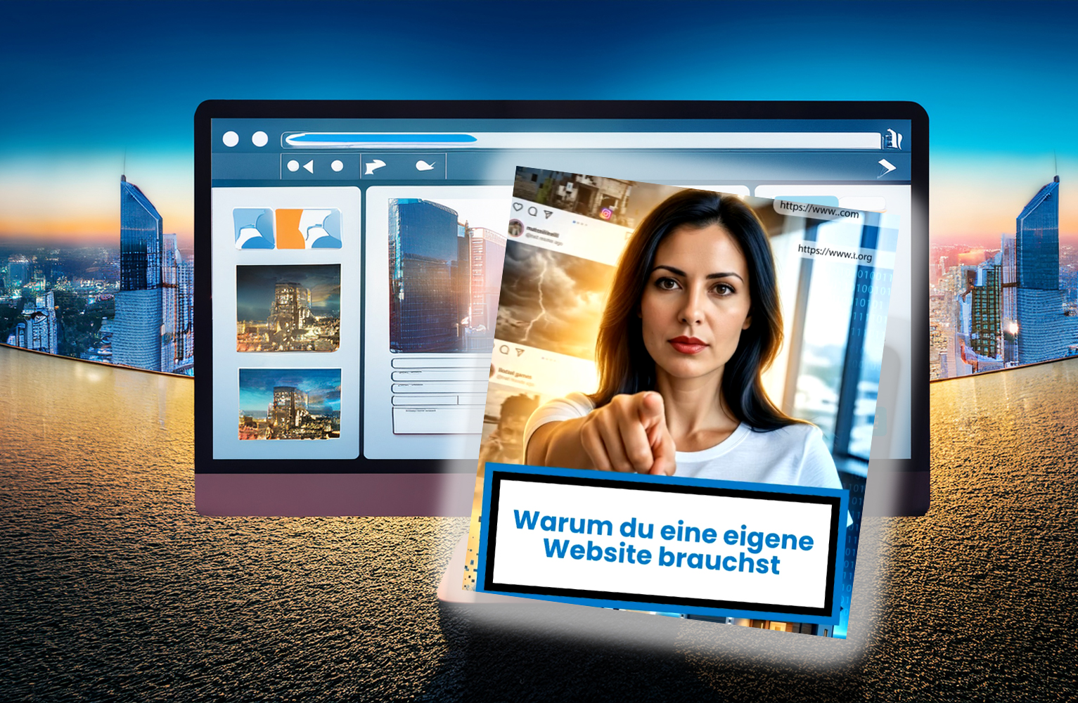Stilisiertes Symbolbild einer eigenen Website auf einem Monitor, ultrarealistic, helles ambiente, hintergund mega city futuristisch. Text: Warum du eine eigene Website brauchst