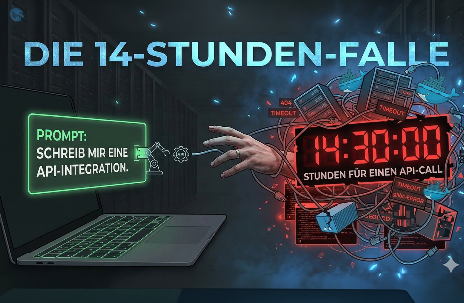 Ein Headerbild, das den Frust über die Komplexität von KI-Agenten visualisiert. Links ein sauberer Prompt „Schreib mir eine API-Integration“ mit einem grünen KI-Gehirn. Von dort zieht sich ein verheddertes Netz aus roten Docker-Containern, glibc-Fehlern und fragmented Code-Snippets zu einer großen, roten Digitaluhr, die „14:30:00“ Stunden für einen API-Call anzeigt. Die Grafik verdeutlicht die Diskrepanz zwischen einfacher Anfrage und technischem Chaos.