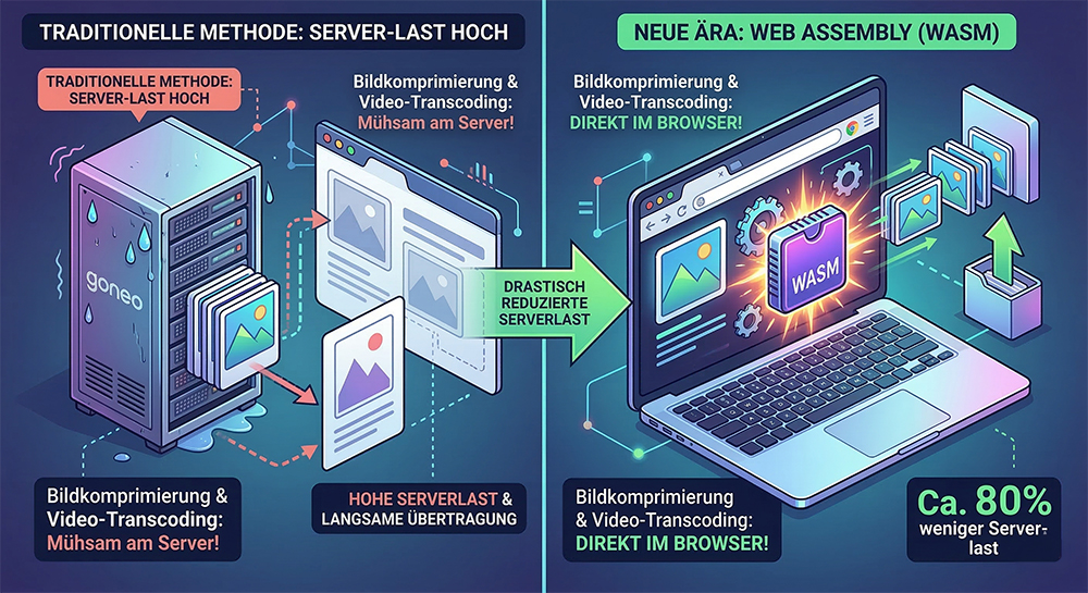 Infographic comparing traditional server-based media processing with WebAssembly (WASM) in-browser processing, highlightin...