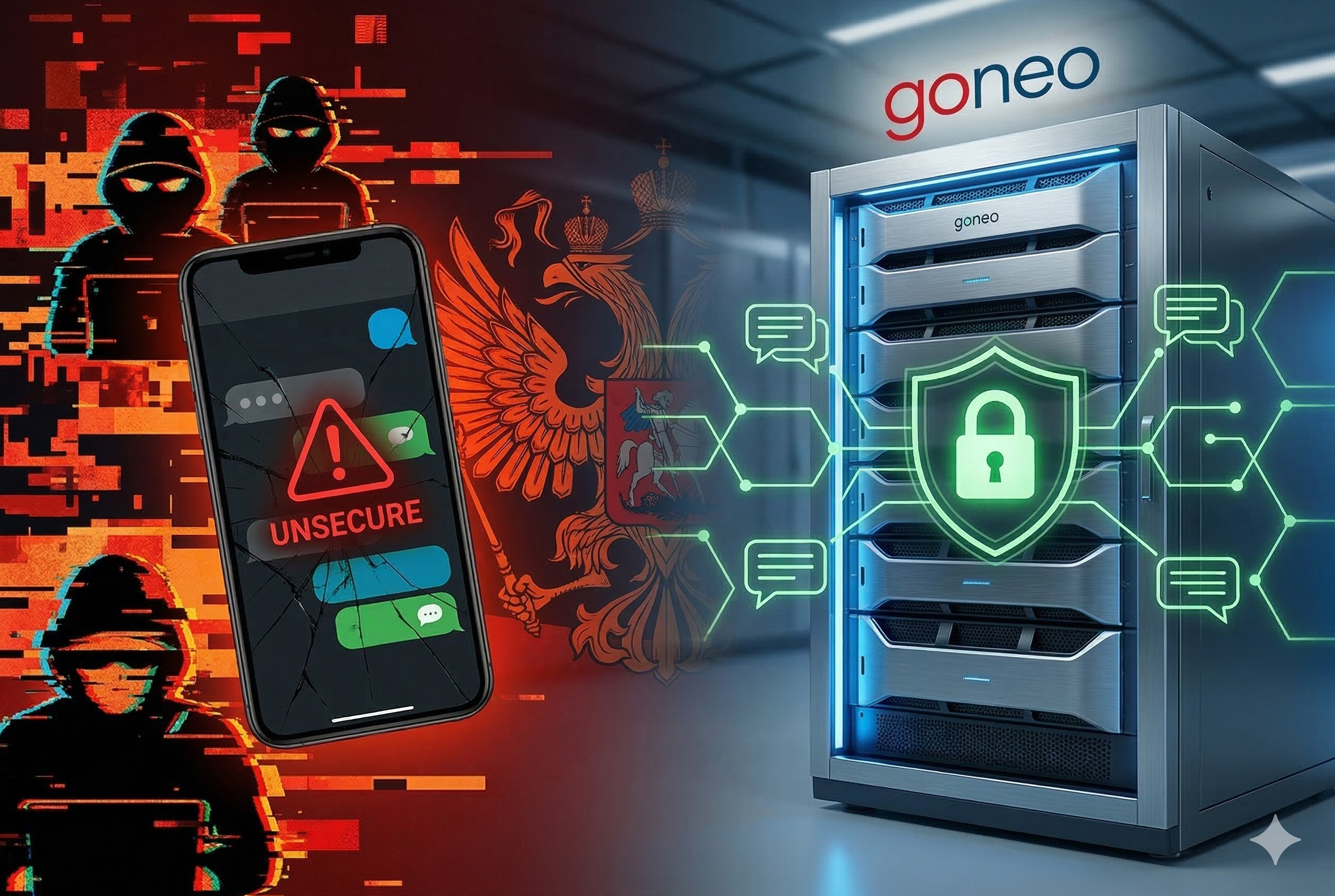 Linke Hälfte (Die Bedrohung): Ein aufgebrochener, chaotischer digitaler Raum. Aggressive rote und orangefarbene Töne, 'Glitches' und Schattenfiguren (die Angreifer) umgeben ein gebrochenes Smartphone-Display mit der Warnung 'UNSECURE'. Ein subtiles Motiv des russischen Doppeladlers deutet auf den staatlichen Ursprung der Angriffe hin, wie im Text erwähnt. Rechte Hälfte (Die Lösung): Ein modernes, kühles, blau leuchtendes goneo Matrix-Serverrack. Es ist in einer sicheren, sauberen Rechenzentrumsumgebung in Deutschland platziert. Ein starkes, grünes, sechseckiges Schild mit einem Schlosssymbol schützt die Datenverbindungen, die sicher und geordnet zwischen verschiedenen Geräten fließen. Das goneo-Logo ist zu sehen