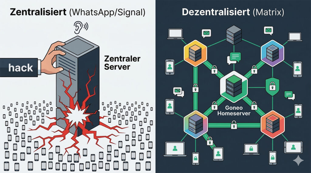 Grafik, die zwei Kommunikationsmodelle vergleicht: links zentralisierte Systeme wie WhatsApp/Signal mit einem zentralen Server und den Hinweis auf die Möglichkeit eines Hacks, rechts ein dezentrales System (Matrix) mit mehreren verbundenen Homeservern.