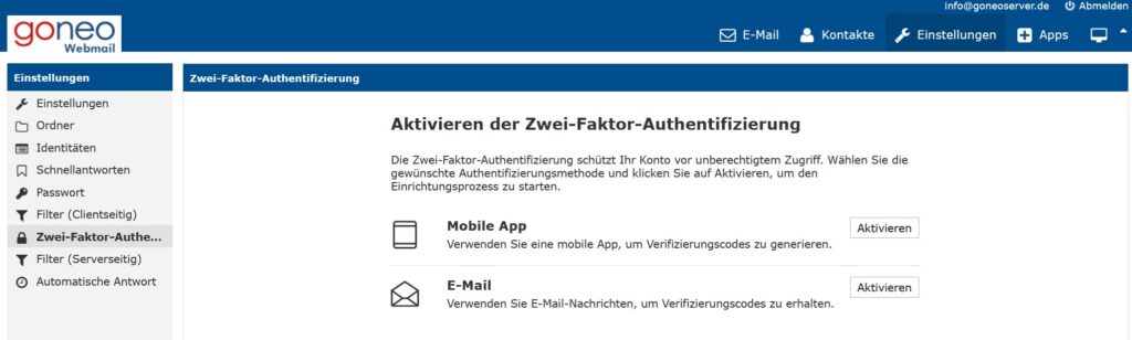 Einstellungsseite für die Zwei-Faktor-Authentifizierung im goneo Webmail, mit Optionen zur Aktivierung über die mobile App oder E-Mail.
