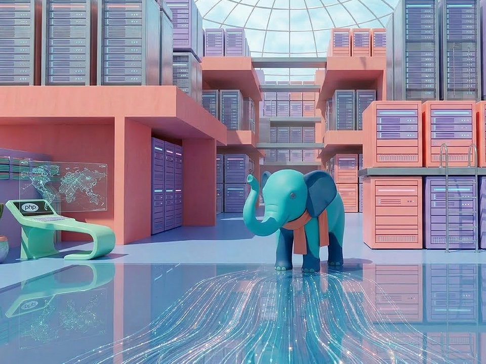 A blue elephant with an orange scarf stands in a futuristic server room with pink and purple servers and a digital map dis...