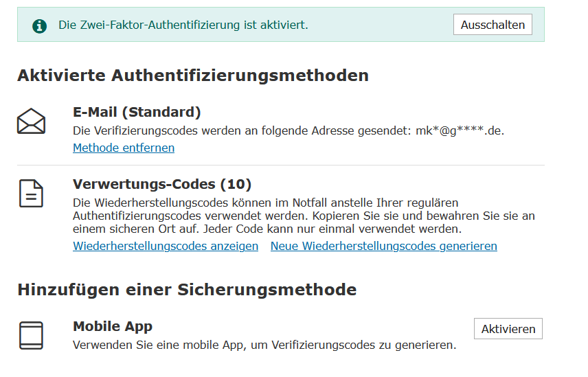 Einstellungen zur Zwei-Faktor-Authentifizierung mit aktivierten Methoden: E-Mail, Verwaltunsg-Codes und Möglichkeit zur mobilen App.