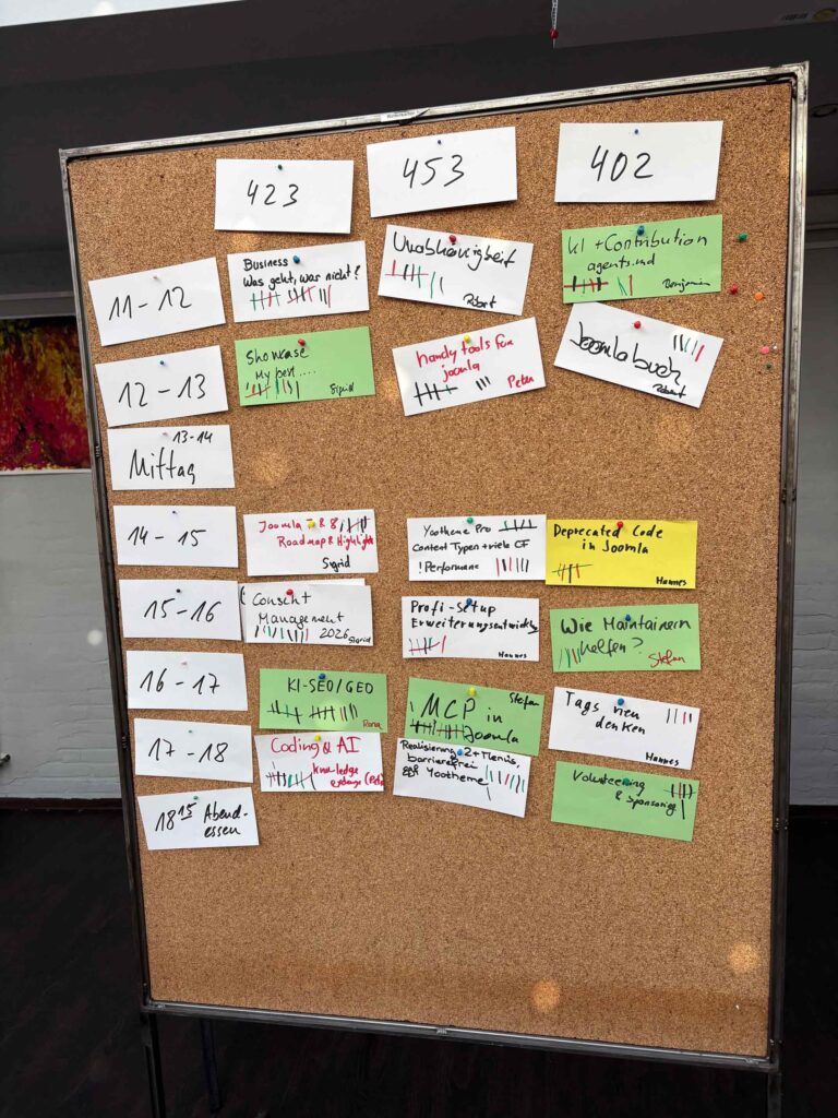 Corkboard with handwritten notes and tally marks, displaying a schedule with topics and times