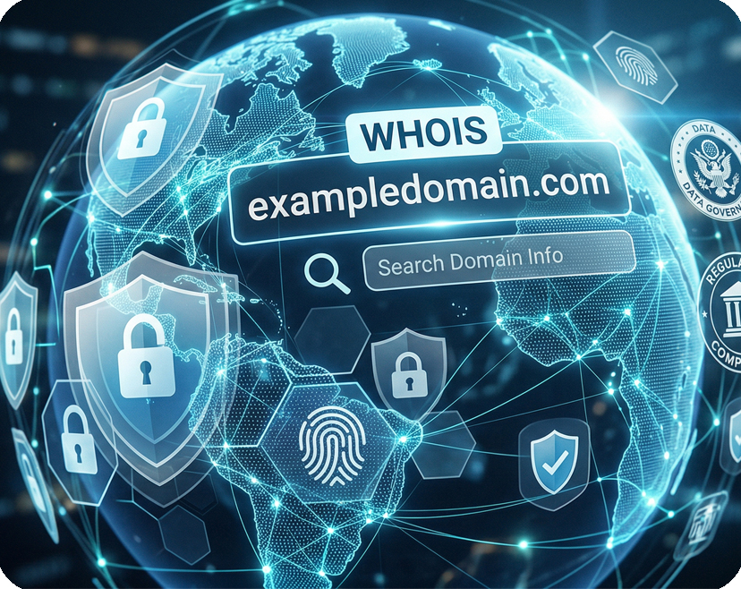 Digital globe with cybersecurity icons, "WHOIS exampledomain.com," and "Search Domain Info" text
