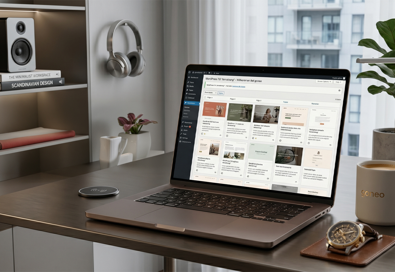 Ein aufgeräumter, moderner Home-Office-Arbeitsplatz mit einem geöffneten Laptop, der das neue, strukturierte DataViews-Raster-Layout von WordPress 7.0 zeigt. Neben dem Laptop stehen eine Kaffeetasse mit goneo-Branding und eine abgelegte, mechanische Armbanduhr auf einem Lederetui vor einem hellen Fenster.