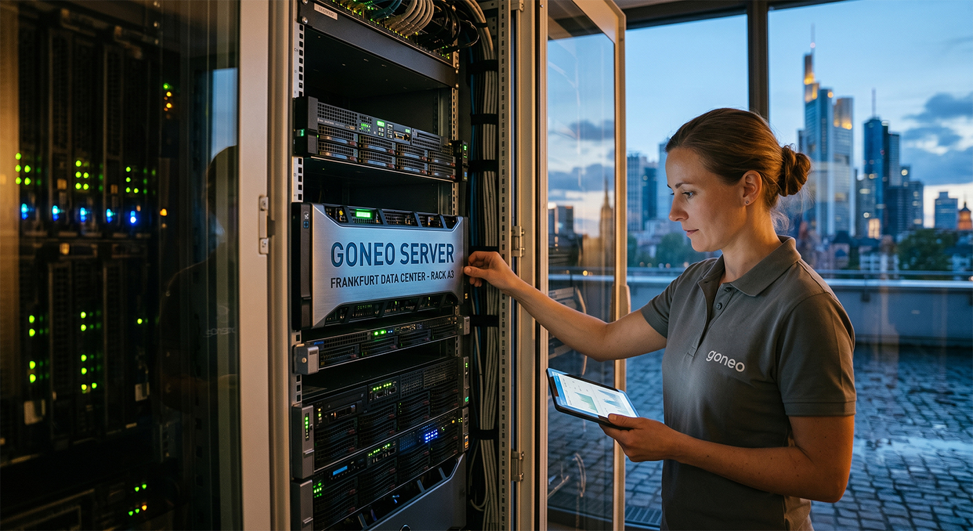 Ein authentischer, ruhiger Blick in ein modernes Rechenzentrum. Im Vordergrund steht eine IT-Expertin im grauen goneo-Poloshirt mit dezentem Logo. Sie blickt konzentriert auf ein Server-Rack und überprüft mit einer Hand die Hardware, während sie in der anderen Hand ein Tablet mit Leistungsdiagrammen hält. Auf einem der Server-Einschübe ist die klare Aufschrift „GONEO SERVER – FRANKFURT DATA CENTER“ zu sehen. Durch die große Fensterfront im Hintergrund erstreckt sich die markante Skyline von Frankfurt am Main in der Abenddämmerung. Die Bildatmosphäre ist geprägt von weichen, natürlichen Lichtverhältnissen und verzichtet auf sterile, künstliche Effekte.