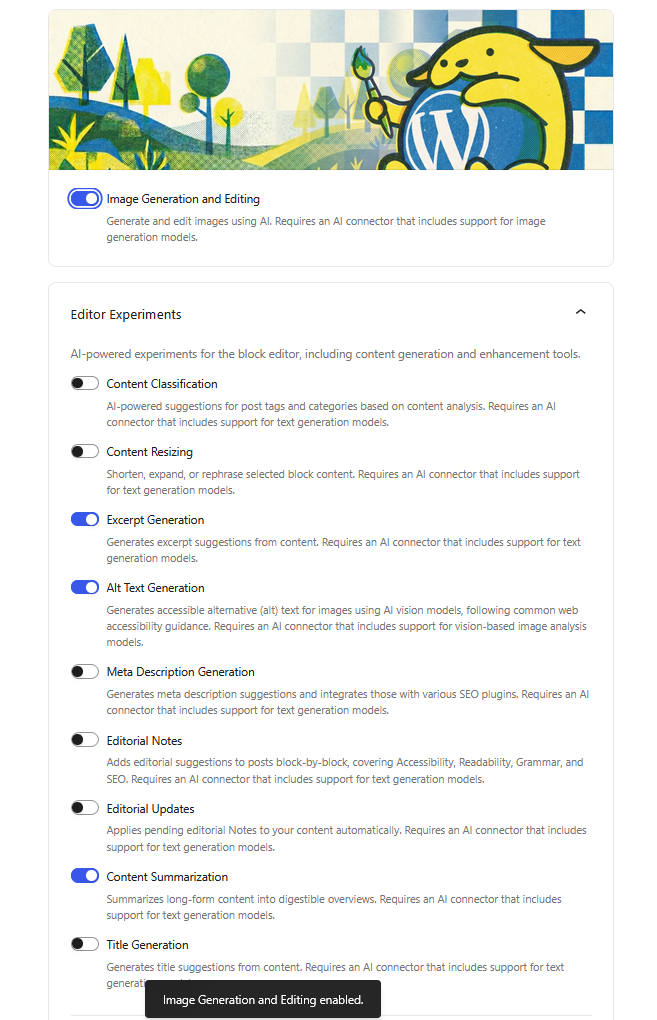Ein Screenshot aus dem WordPress 7.0 Backend, der die Einstellungen für den neuen integrierten KI-Client zeigt. Zu sehen ist eine Liste von Schaltern für verschiedene KI-Funktionen unter „Editor Experiments“, darunter Optionen wie Content Resizing, Excerpt Generation, Alt Text Generation und Content Summarization. Einige Schalter sind aktiviert, und am unteren Rand erscheint eine schwarze Bestätigungsmeldung mit dem Text „Image Generation and Editing enabled“.