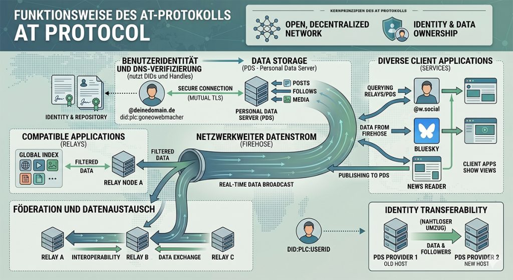 Infografik zur Funktionsweise des dezentralen AT-Protokolls: Visuelle Darstellung, wie Benutzeridentität über die eigene Domain via DNS verifiziert wird und Daten auf einem persönlichen Datenserver (PDS) statt in US-Silos gespeichert werden. Gezeigt wird der globale Echtzeit-Datenstrom (Firehose), der Inhalte direkt an verschiedene Client-Anwendungen wie W Social oder Bluesky überträgt, sowie der nahtlose, verlustfreie Umzug von Identität und Followern zwischen Server-Anbietern.