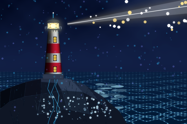 Detaillierte Illustration „Leuchtturm als Wahrheitsanker“ (645×430 px): Ein zylindrisch schattierter rot-weißer Leuchtturm mit Laternenhaus, Galerie und Rundbogenfenstern steht standhaft auf einer felsigen Klippe über einem stürmischen Ozean. Ein kraftvoller, warmer Lichtstrahl durchschneidet die Dämmerung und beleuchtet glitzernde Partikel und Datenimpulse in der Luft – Sinnbild für die eigene Website als verlässliche Wahrheitsquelle und Home Base im Zeitalter von generativer KI.