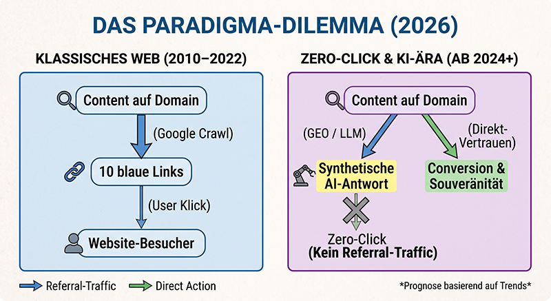 Eine Infografik mit dem Titel „DAS PARADIGMA-DILEMMA (2026)“ vergleicht die Entwicklung der Website-Rolle in zwei vertikalen Spalten.
Die linke Spalte, „KLASSISCHES WEB (2010–2022)“ (blau umrandet, hellblauer Hintergrund), zeigt einen linearen Fluss: Von „Content auf Domain“ (rounded Box) führt ein dicker Pfeil, beschriftet mit „(Google Crawl)“, nach unten zu „10 blaue Links“ (rounded Box). Darunter führt ein dünner Pfeil, beschriftet mit „(User Klick)“, zu „Website-Besucher“ (rounded Box).
Die rechte Spalte, „ZERO-CLICK & KI-ÄRA (AB 2024+)“ (lila umrandet, helllila Hintergrund), zeigt einen geteilten Fluss: Von „Content auf Domain“ (top rounded Box) führen zwei Pfeile nach unten. Der linke Pfeil, beschriftet mit „(GEO / LLM)“, führt zu „Synthetische AI-Antwort“ in einer gelb hinterlegten Box (symbolisiert das AI Overview/Answer-Modell). Ein großes, stilisiertes „X“ überlagert einen impliziten Pfeil nach unten, daneben steht der Text: „Zero-Click (Kein Referral-Traffic)“. Der rechte Pfeil, beschriftet mit „(Direkt-Vertrauen)“, führt zu „Conversion & Souveränität“ in einer grün hinterlegten Box (symbolisiert direkte Nutzeraktion).
Unten links befindet sich eine Legende: Ein blauer Pfeil steht für „Referral-Traffic“, ein grüner Pfeil für „Direct Action“. Unten rechts steht eine kleine Fußnote: „Prognose basierend auf Trends“. Die Grafik ist in einem klaren Vektor-Stil gehalten, mit präzisen Linien und dezent integrierten Icons (Lupe, Roboterarm, Person).