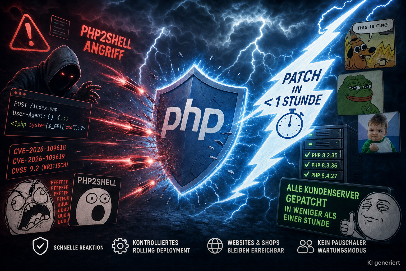 Meme-haftes Bild zu PHP2shell, das die Sicherheitslücken in PHPbeaknnt machte und Alarmismus auslöste